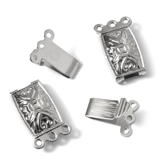 Nemesacél kapocs, 3 soros, tégla forma, inda mintás, ezüst szín, 21x10 mm (2 db)