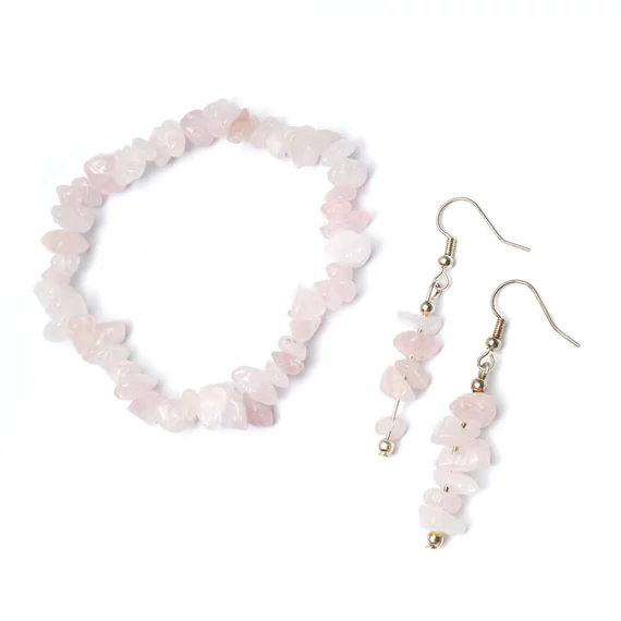 Rózsakvarc törmelékköves karkötő és fülbevaló szett
