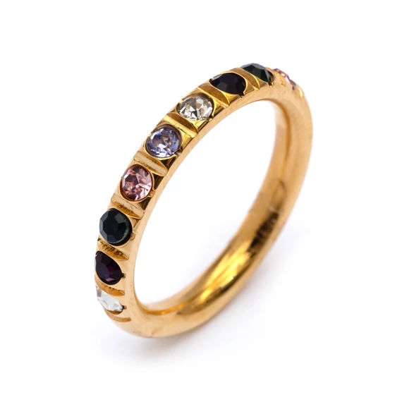 Nemesacél gyűrű, vékony, színes köves, arany színű, kb. 58-59 méret