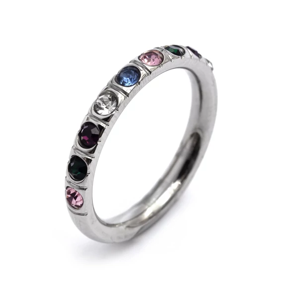 Nemesacél gyűrű, vékony, színes köves, ezüst színű, kb. 58-59 méret