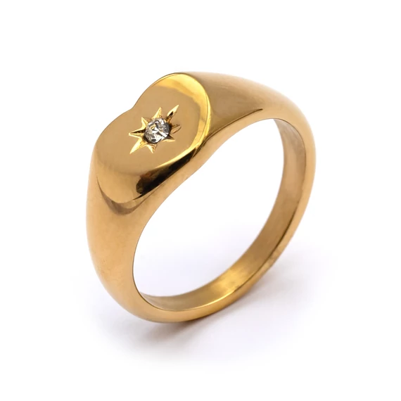 Nemesacél pecsétgyűrű, szív forma 1kővel, arany színű, kb. 54 méret