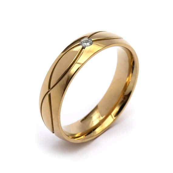 Nemesacél karikagyűrű, arany színű, hullámos, 1 pici kővel, kb. 56-57 méret