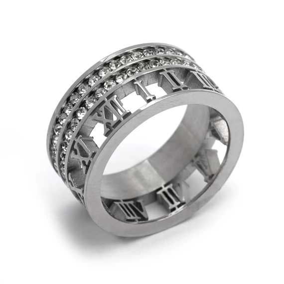 Nemesacél gyűrű, római számos-köves, ezüst színű, kb. 58-59 méret