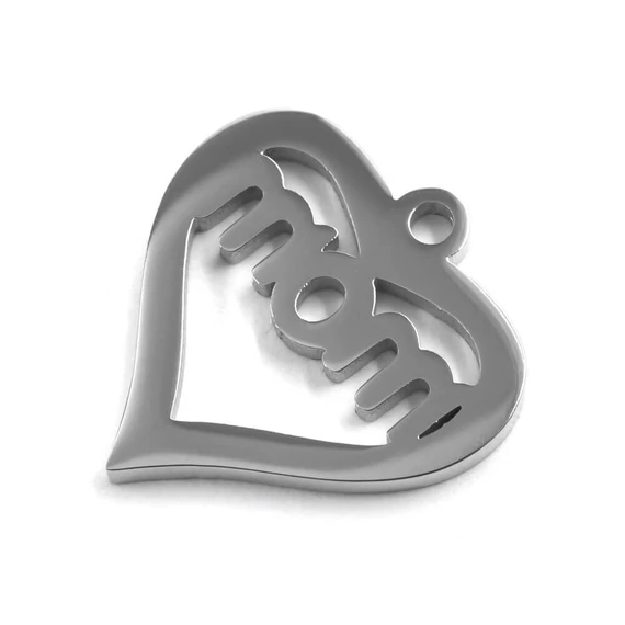 Nemesacél Mom feliratú medál, 16,5x15,5x1,3mm, 1db