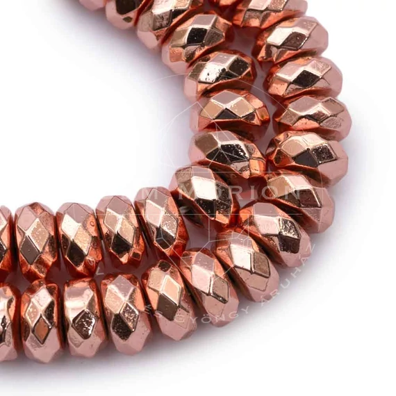Hematit button szál, rosegold szín, fazettált, 6x3 mm, kb. 19 cm