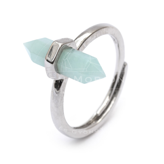 Amazonit hexagonális kristály gyűrű, réz, állítható, ezüst szín, 16x7 mm