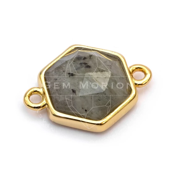Labradorit összekötő elem, hatszög, fazettált, arany szín, 11x12 mm, 1 db