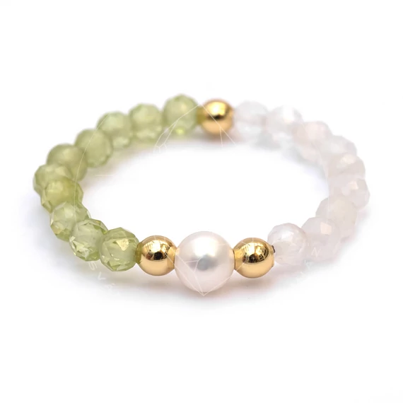 Peridot, tenyésztett gyöngy és holdkő gumis gyűrű, 3 mm, 6,8 cm