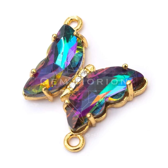 Pillangó összekötő elem, zöld-lila, fazettált, arany szín, 15x19 mm, 1 db