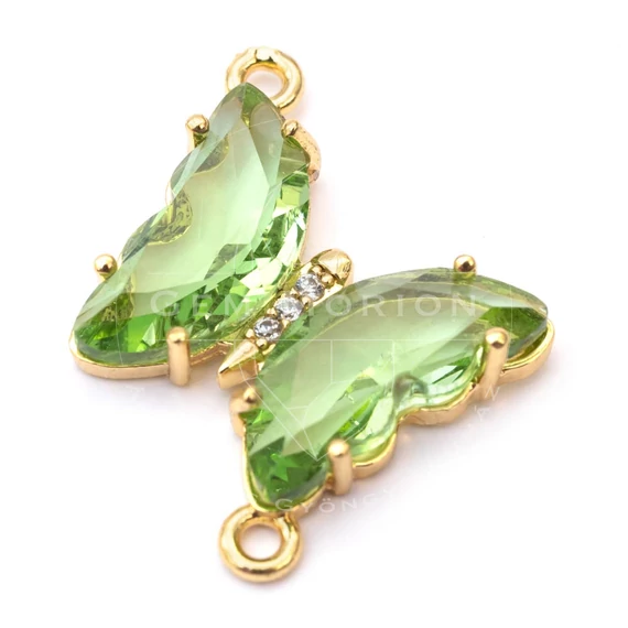 Pillangó összekötő elem, zöld, fazettált, arany szín, 15x19 mm, 1 db