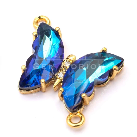 Pillangó összekötő elem, kék, fazettált, arany szín, 15x19 mm, 1 db