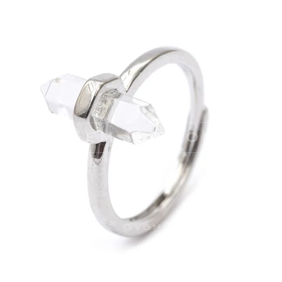Hegyikristály hexagonális kristály gyűrű, réz, állítható, ezüst szín, szintetikus, 16x7 mm