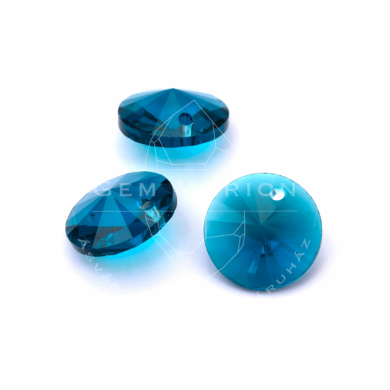 Üveg charm, egyik oldalon fúrt, fazettált, kék, 14x7 mm