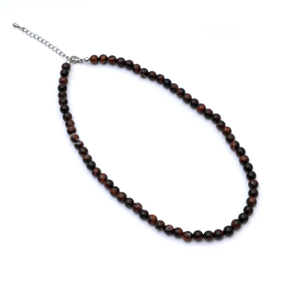 Tigrisszem ásvány nyaklánc, piros, nemesacél szerelékkel, 6 mm, 40+5 cm