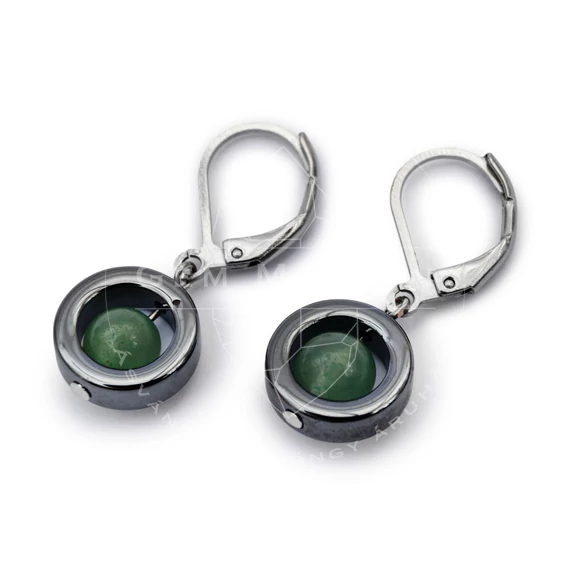 Hematit karika, 6 mm golyós aventurin fülbevaló, 12-30 mm