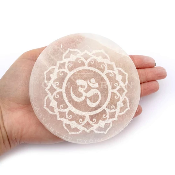 Szelenit korong, ohm mandala, 10 cm