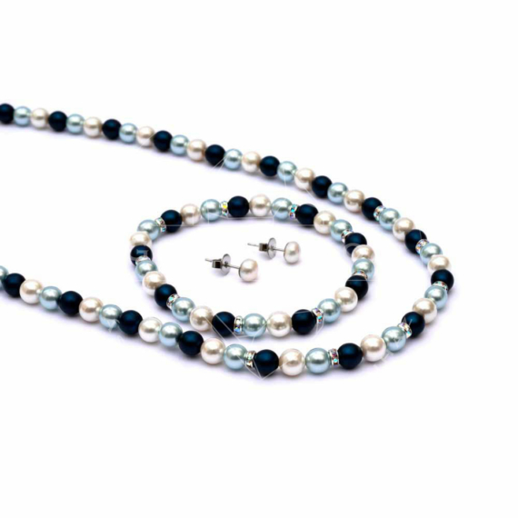 Preciosa és shell pearl (kék) nyaklánc, karkötő, fülbevaló garnitúra, 6 mm, 45 cm lánc