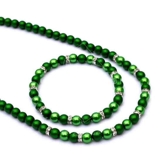 Preciosa (zöld) matt és fényes nyaklánc és karkötő szett 6 mm, 45 cm lánc