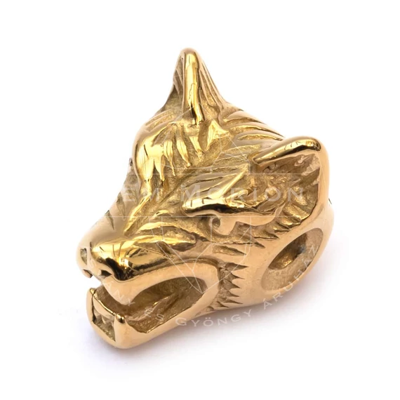 Nemesacél farkas fej köztes dísz, arany szín, 14x11 mm, 1 db
