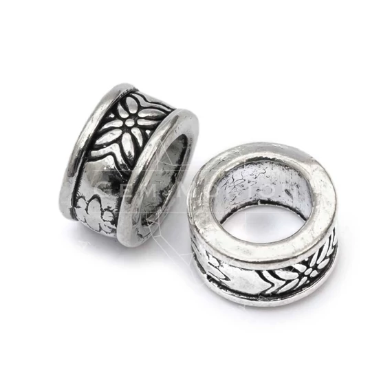 Kerek köztes dísz, mintás, antik ezüst szín, 8x4 mm, 10 db