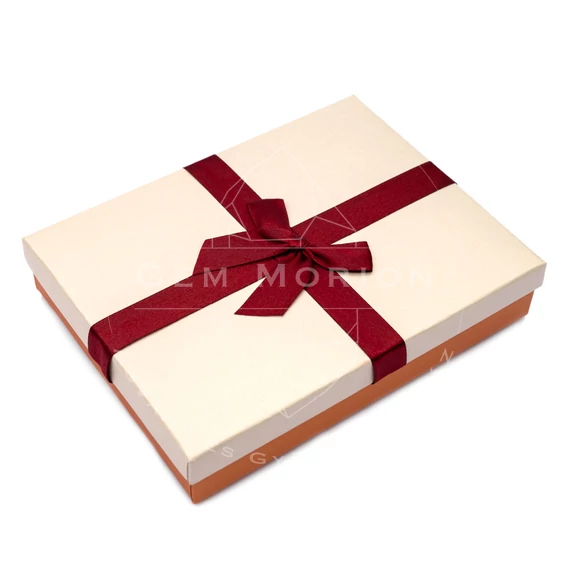 Díszdoboz fehér béléssel, narancs-vanília, bordó masnis, karton, 12x16 cm