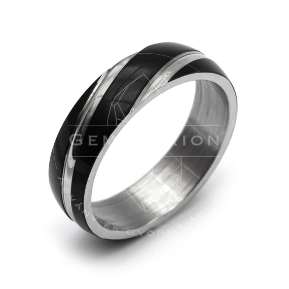 Nemesacél karikagyűrű, fekete- ezüst színű csíkkal, kb. 62 méret