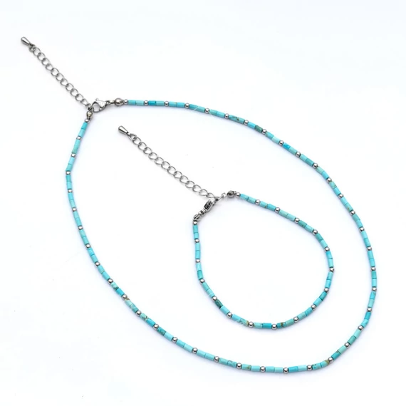 Türkinit és hematit nyaklánc és karkötő szett, henger, 2 mm, 45+5 cm, 17cm+5 cm
