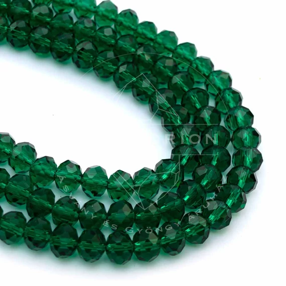 Kristály fazettált button szál, zöld, 8x6 mm, kb. 40 cm, 65-68 szem/szál