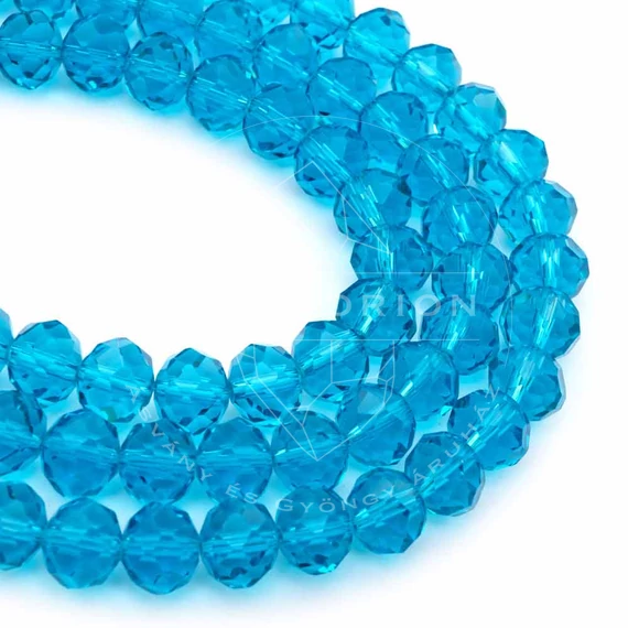 Kristály fazettált button szál, égkék, 10x8 mm, kb. 48 cm, 63-65 szem/szál