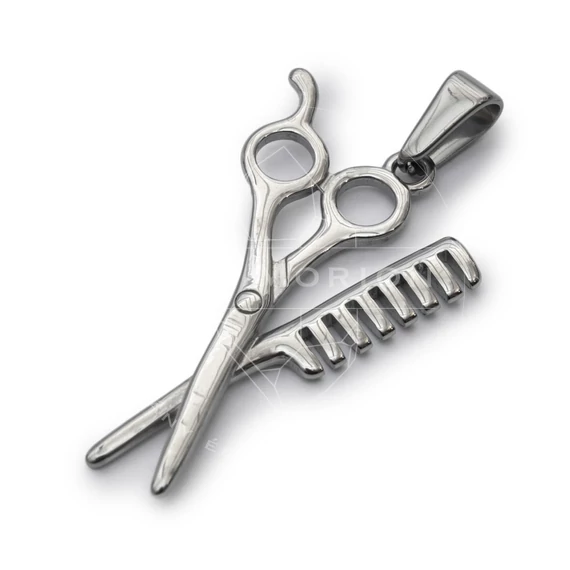 Nemesacél fodrász olló és fésű medál, 33,5x21,5 mm, 1 db