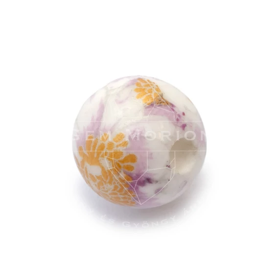 Porcelán gyöngy fehér alapon rózsaszín-arany virág mintával, 8 mm (10 db)