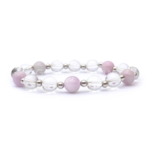 Kunzit és hegyikristály női gumis ásvány karkötő, 8 mm, 16 cm