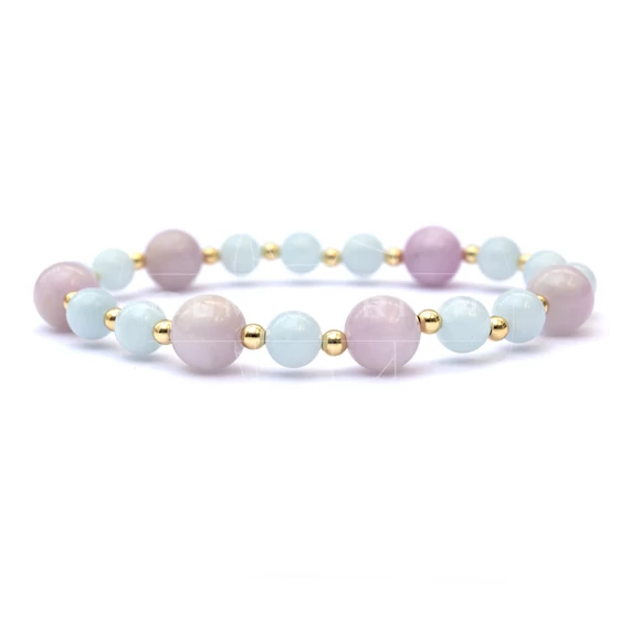 Kunzit és akvamarin női gumis ásvány karkötő, 6-8 mm, 15 cm