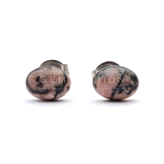 Rodonit cabochon fülbevaló nemesacél szerelékkel, 6x8 mm