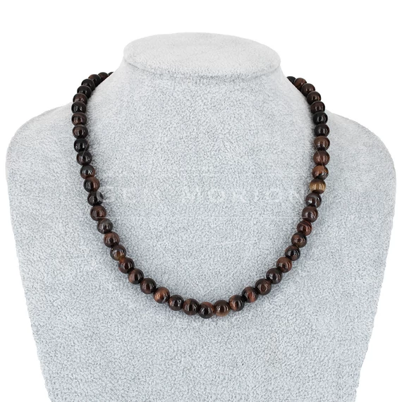 Tigrisszem ásvány nyaklánc, piros, nemesacél szerelékkel, 8 mm, 40+5 cm