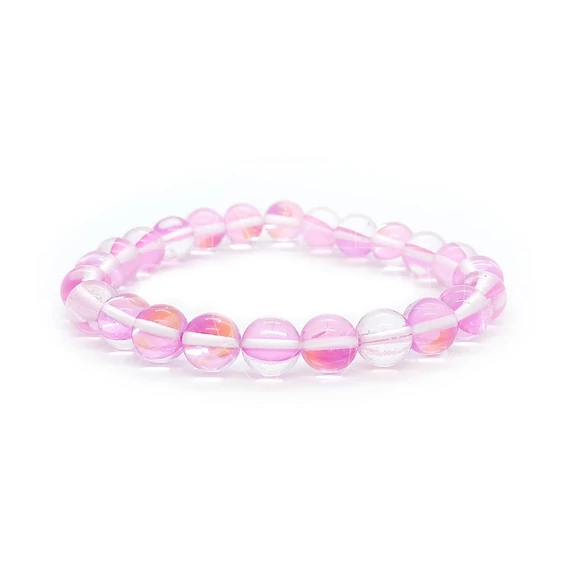 Szintetikus holdkő (holografikus, AB) rózsaszín gumis karkötő, 8 mm