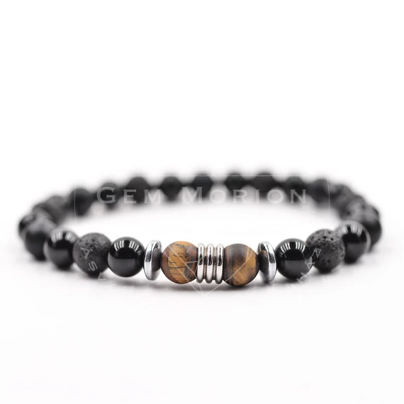 Férfi ónix, lávakő és tigrisszem gumis karkötő (1)