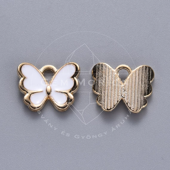 Fehér pillangó zománcos medál, 10,5x13 mm (1 db)