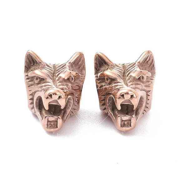 Nemesacél farkas fej köztes dísz, rosegold szín, 14x11 mm, 1 db