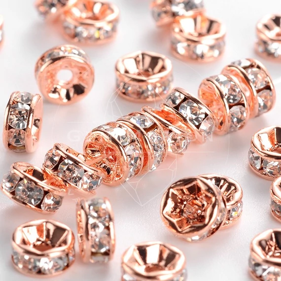 Fehér strasszos (rosegold) rondella, 6 mm (10 db)
