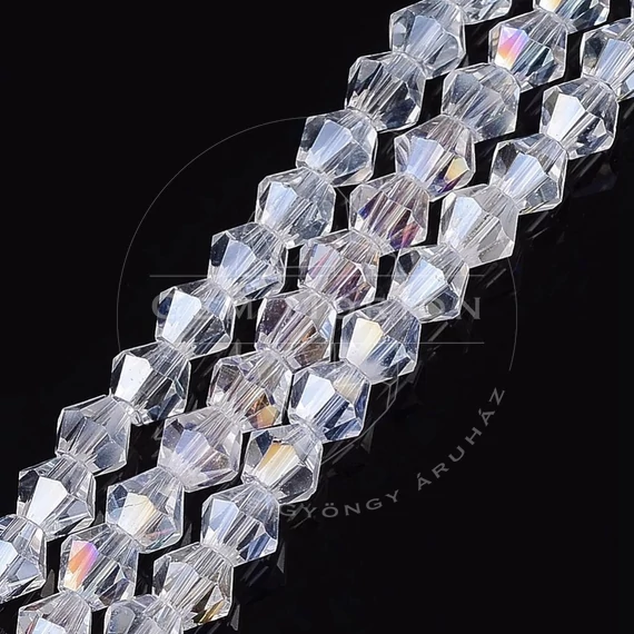 Kristály (szivárvány - AB) fazettált bicone szál, 4 mm, kb. 16-18 cm (45-48 db)