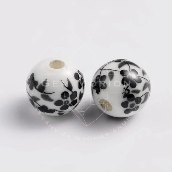 Porcelán gyöngy fehér alapon fekete virág mintával, 8 mm (10 db)