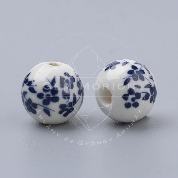 Porcelán gyöngy fehér alapon sötétkék virág mintával, 8 mm (10 db)