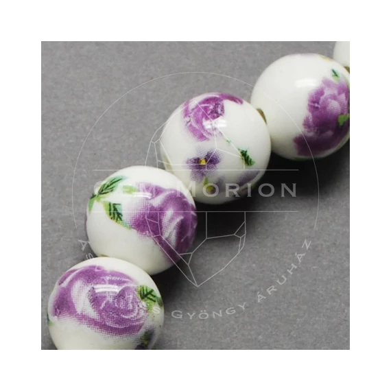 Porcelán gyöngy fehér alapon lila orhidea virág mintával, 8 mm (10 db)