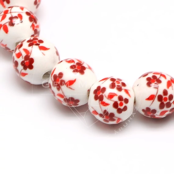 Porcelán gyöngy fehér alapon piros virág mintával, 8 mm (5 db)
