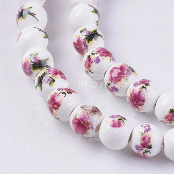 Porcelán gyöngy fehér alapon rózsaszín virágcsokor mintával, 8 mm (5 db)