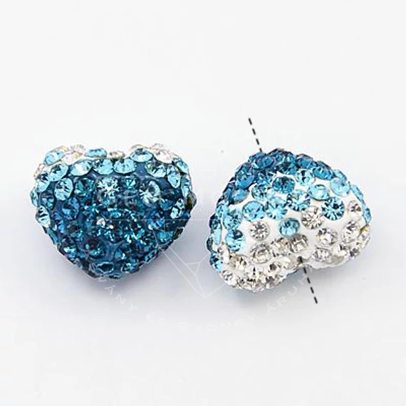 Strasszköves szív köztes dísz, kék-fehér, 13x15 mm, 1 db
