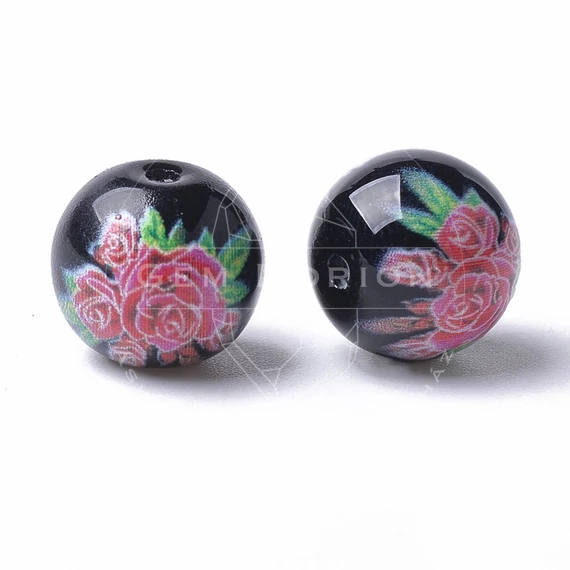 Festett üveggyöngy fekete alapon bazsarózsa mintával 8 mm (5 db)
