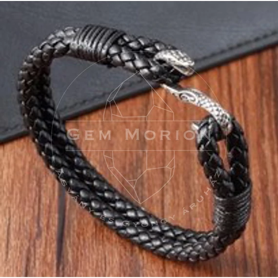 Férfi bőr, fonott karkötő, nemesacél kígyó kapoccsal, 21 cm